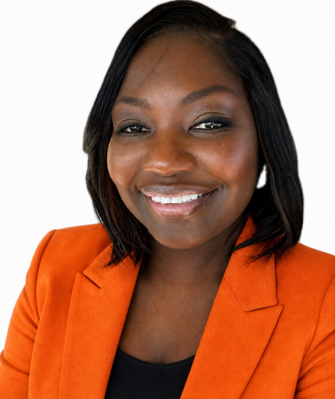 Natalie James, mortgage broker, wearing an orange blazer